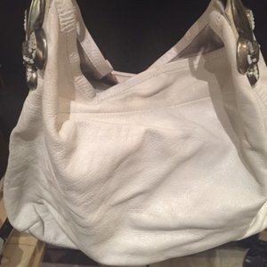 White Leather Shoulder Bag with Fleur de Lis Motif